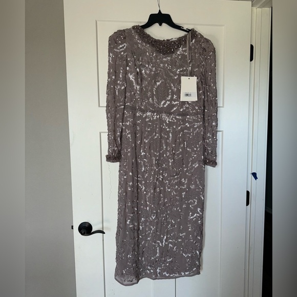 New Mac Duggal EMBELLISHED HIGH NECK PUFF SLEEVE FITTED DRESS Mauve 6 93595 - Picture 4 of 10